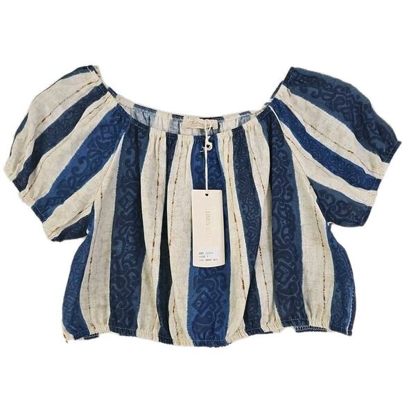 Bellambra~Woman S~Linen Blend Boho Top/Pants 2 Pc. Striped Italy Blue/Beige NWT. - Picture 2 of 16